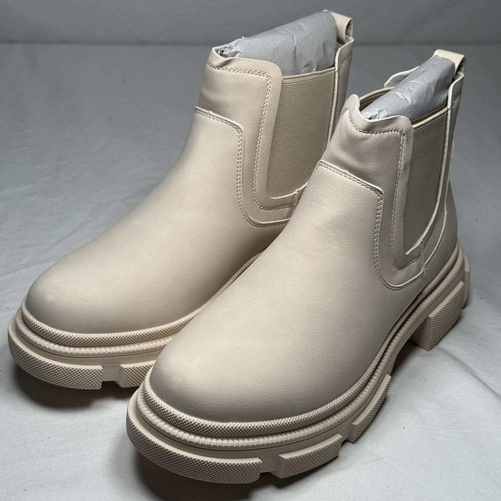 Womens Beige Chunky Chelsea Boots Platform Lug Sole‎ Ankle Booties Size 8
